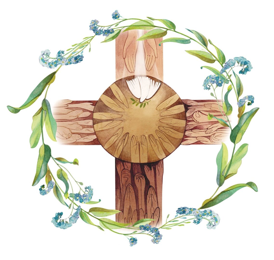 Picture of A cross of praying hands, the holy spirit of peace pray for ukraine, pray for peace, illustration for christian publications, prints in support of ukraine, in support of peace in the page Reflections on Easter
