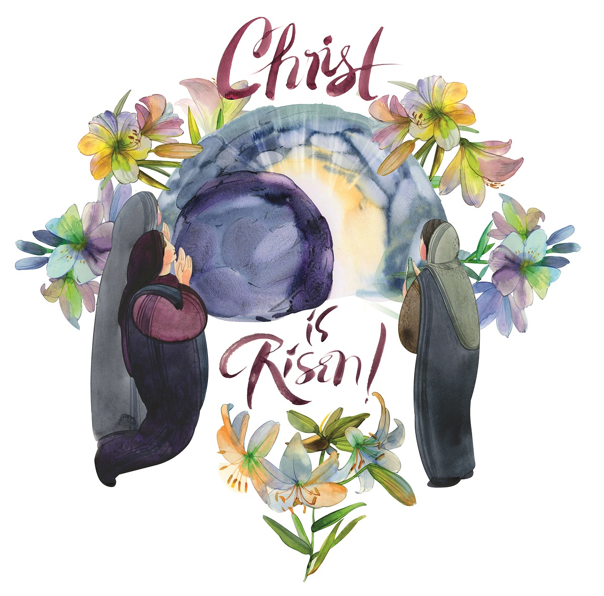 Easter watercolor illustration: the cave of jesus christ, the myrrh bearing wife, a wreath of lilies, the inscription "christ is risen!" easter print, decor, christian resurrection, holy sepulchre