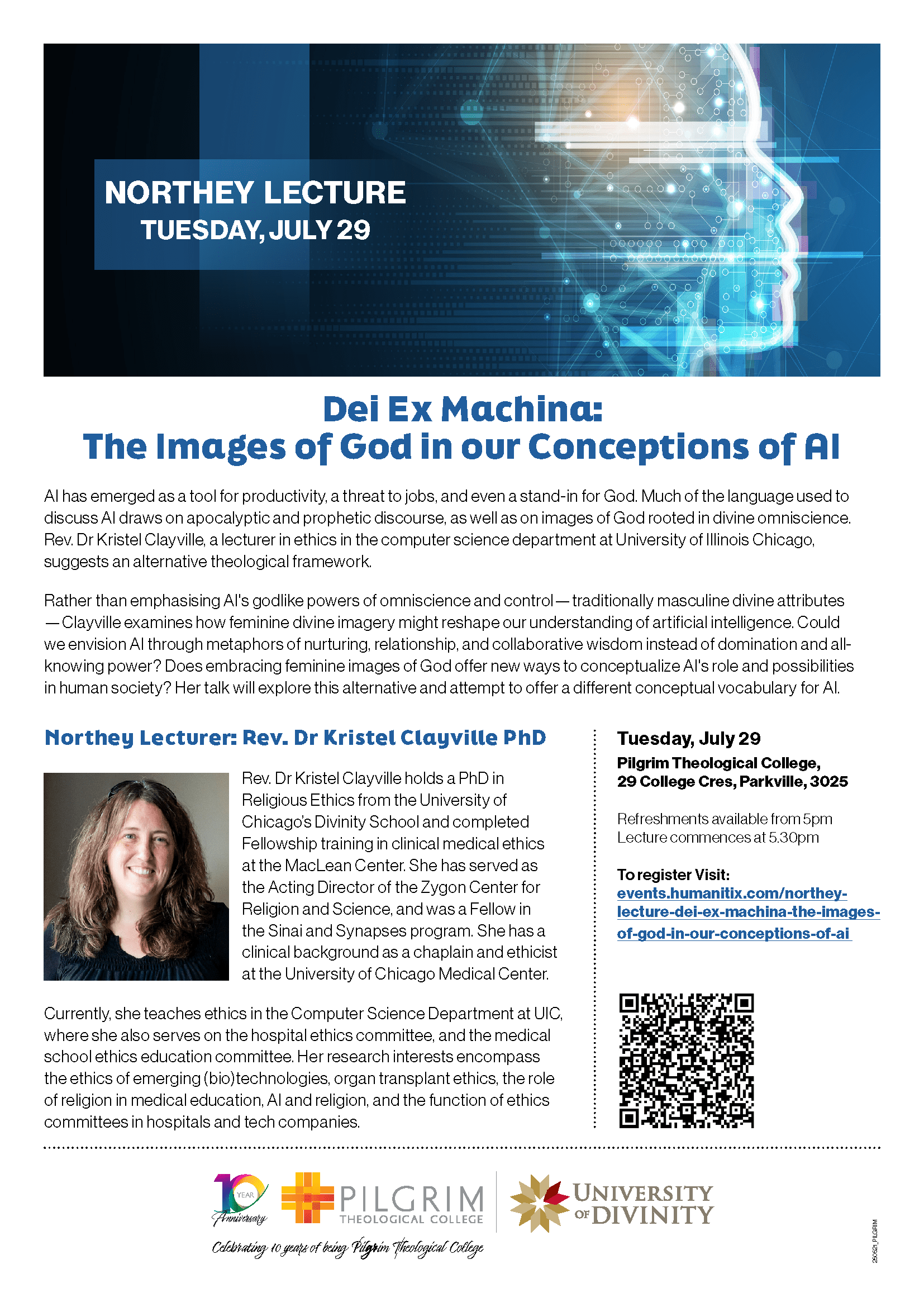 Picture of Pilgrim northey lecturer flyer in the page Northey Lecture - Dei Ex Machina: The Images of God in our Conceptions of AI